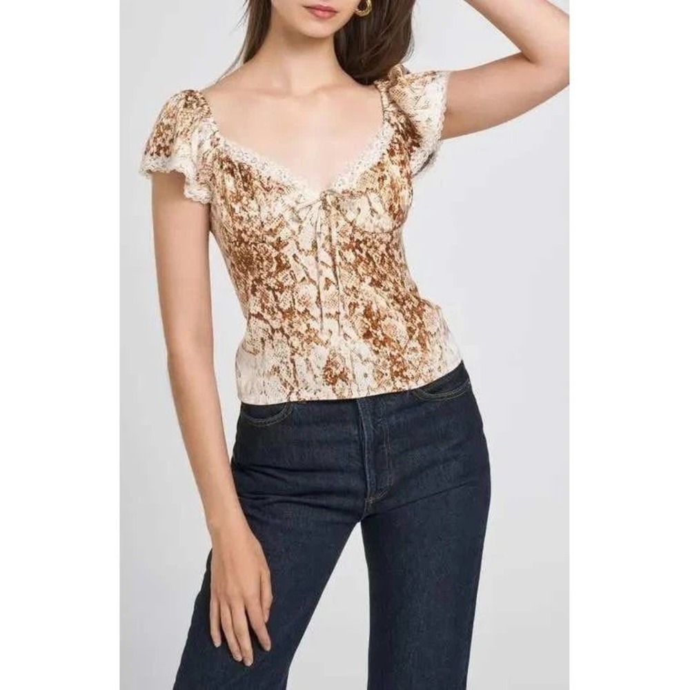 NWT WAYF Women's Melissa Lace Trim Sweetheart Top Python Print Brown Size XS - Picture 11 of 12
